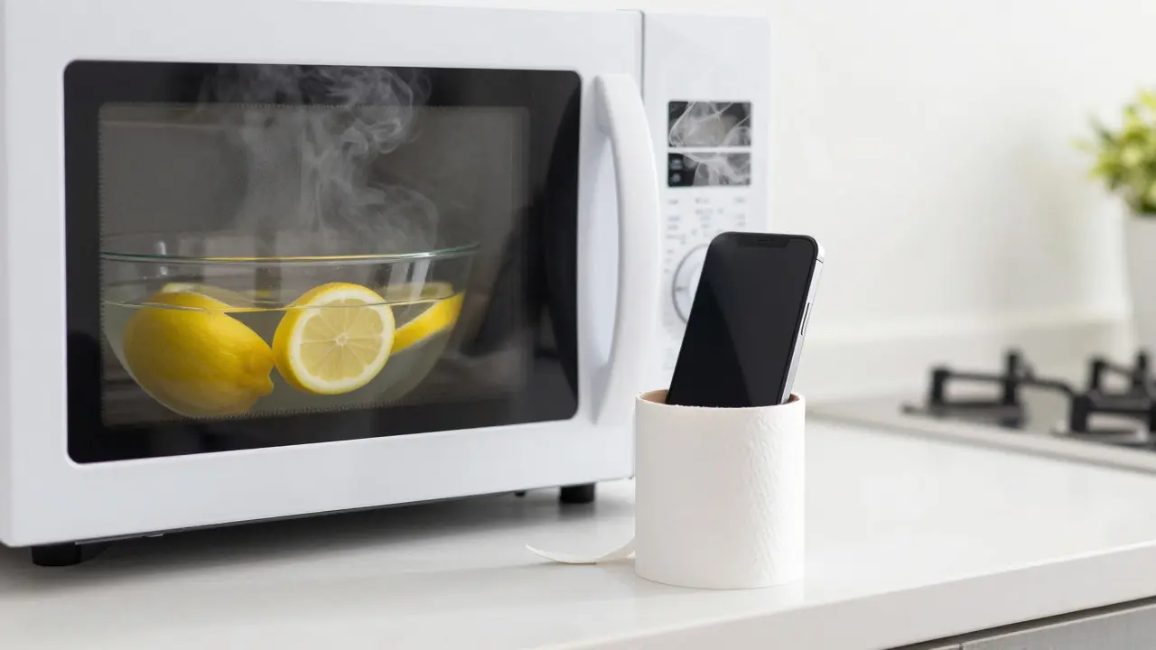 Lebenshack: Mikrowelle mit Zitrone und Handy im Toilettenpapierhalter