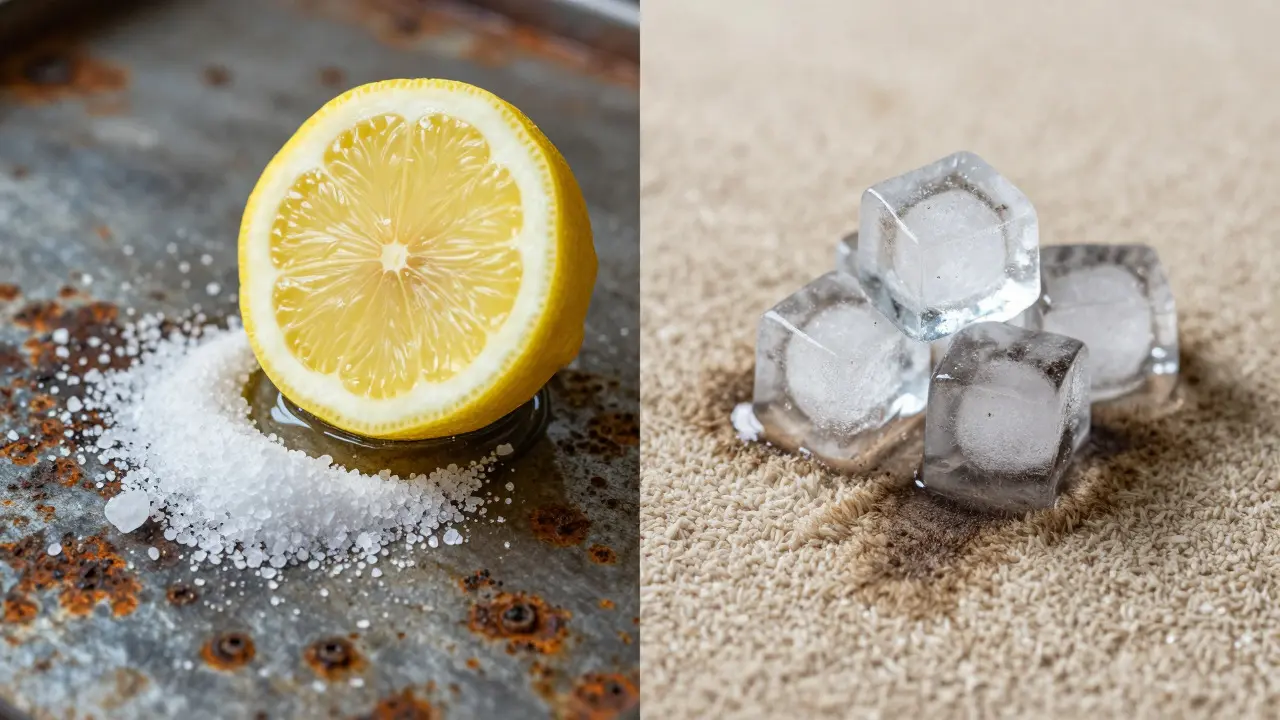 Lemon and salt on rust; ice cubes on carpet stain for cleaning