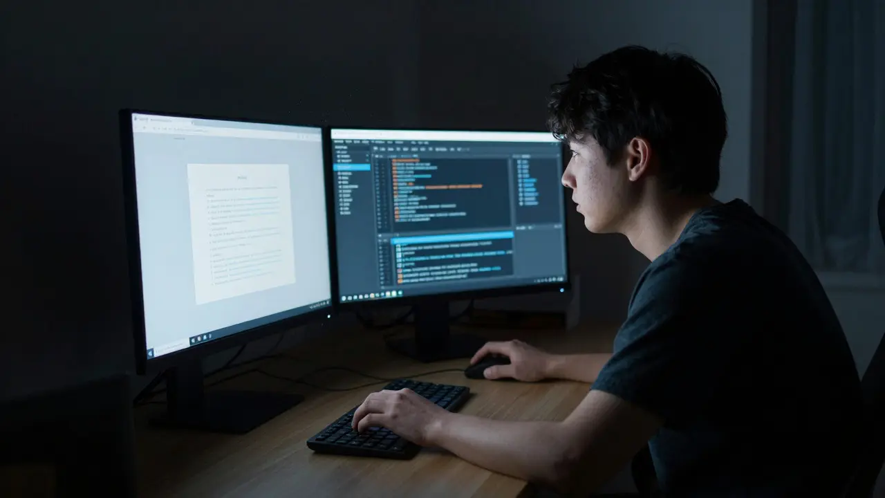 Person arbeitet nachts am Computer und analysiert Webseiten-Codes im Entwickler-Modus