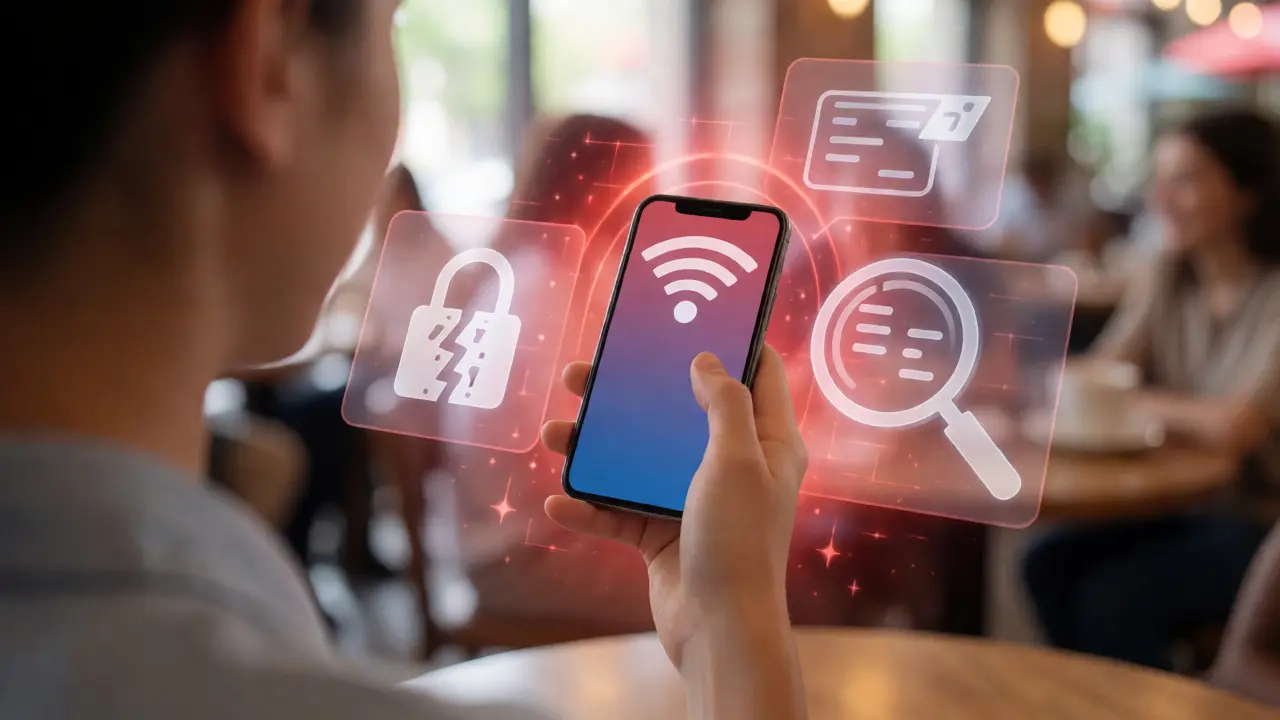 Person hält Smartphone im Café, umgeben von digitalen Warnsymbolen für Phishing und WLAN-Risiken.