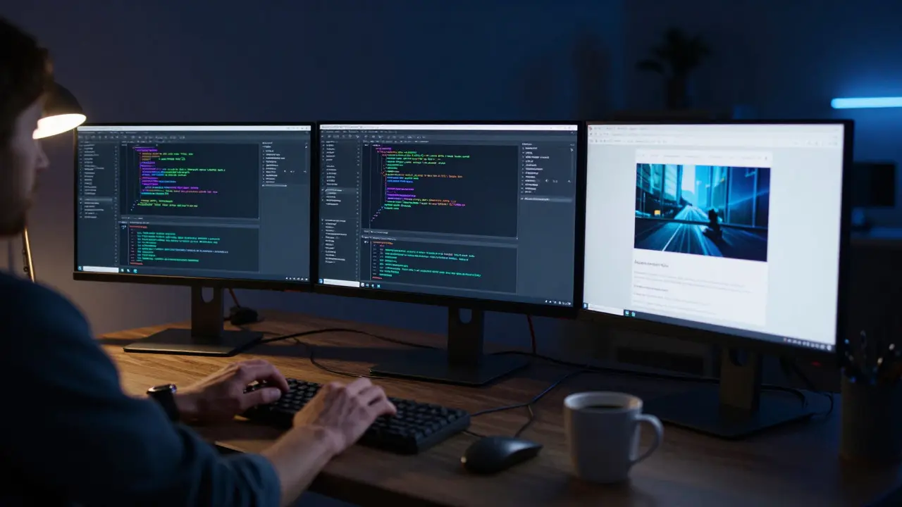 Web developer working at a multi-monitor setup in a dimly lit office at night