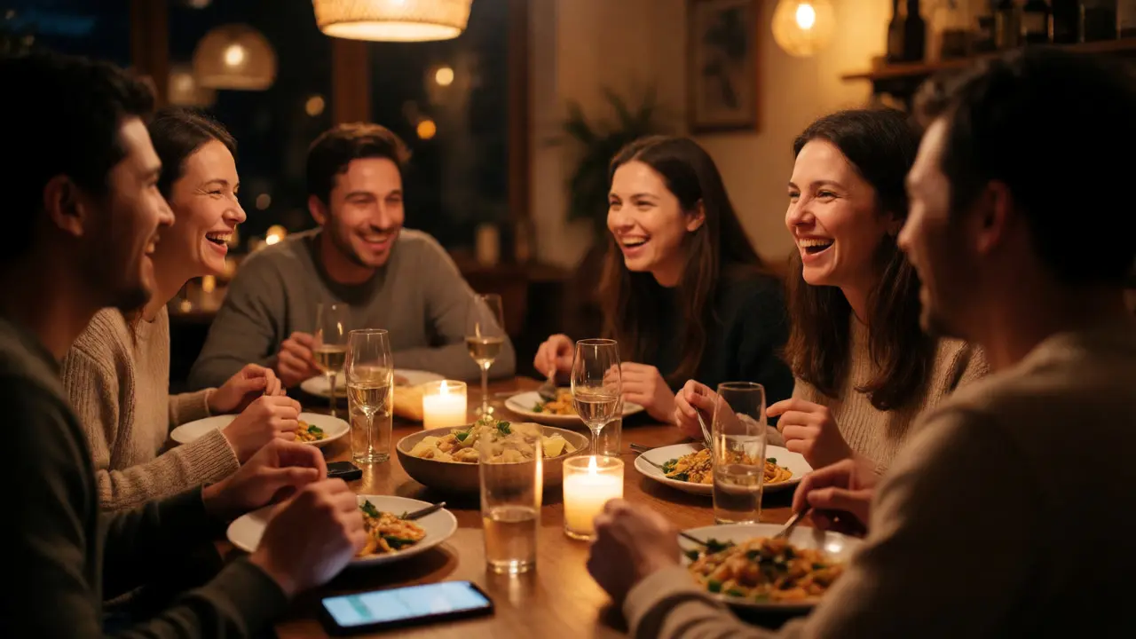 Freunde essen gemeinsam ohne Handy ablenkung