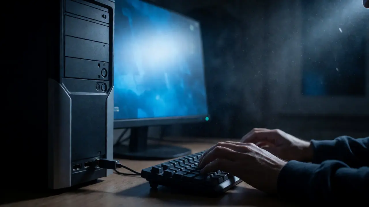 Hände drücken die F7-Taste bei PC-Start zur Systemwiederherstellung