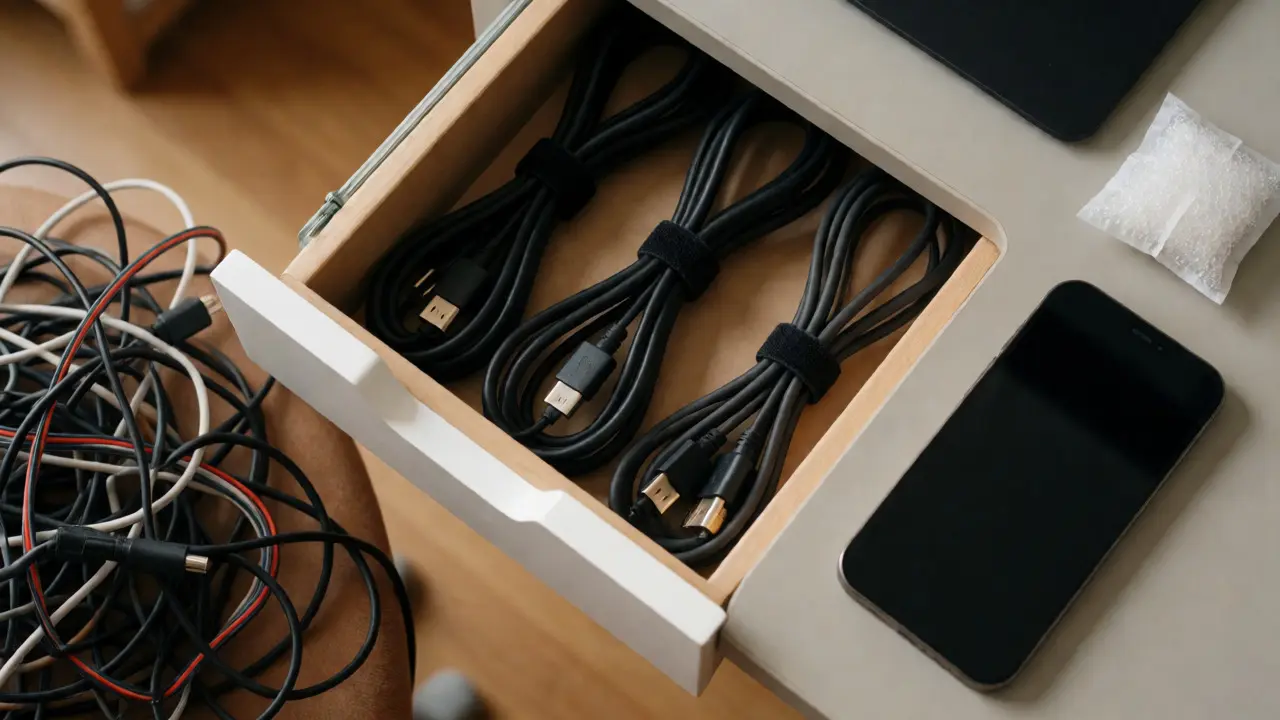 Kabel werden mit Klettverschlüssen geordnet; Silica-Gel statt Reis für Handys.
