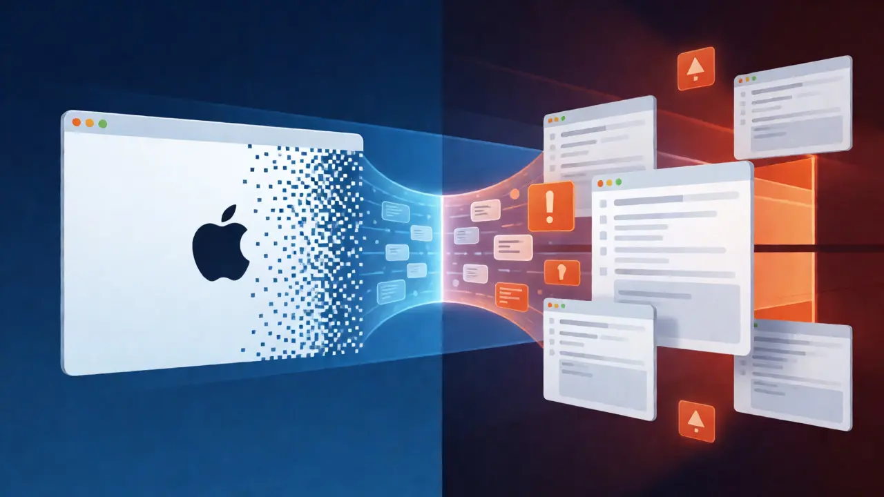 Konzeptuelle Darstellung der Unterschiede zwischen macOS und Windows beim Beenden von Apps.