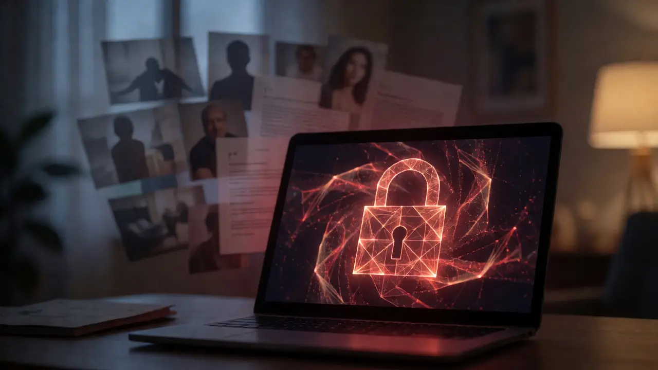 Laptop mit rotem Verschlüsselungssymbol und verblassten persönlichen Erinnerungen im Hintergrund