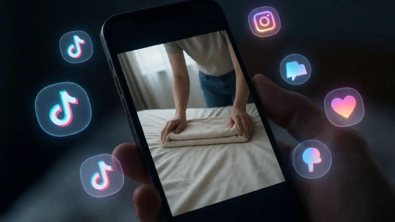 Smartphone zeigt virales Video zum Bettlaken-Falten mit Social-Media-Icons.