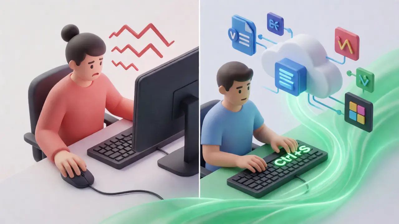 Vergleich zwischen Maus-Nutzung und effizientem Tastatur-Workflow im Flow-State.